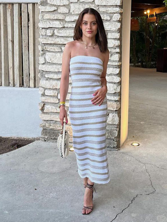 Striped Bohemian Tube Top Dress – Slim Fit Beach Skirt in Cotton Blend