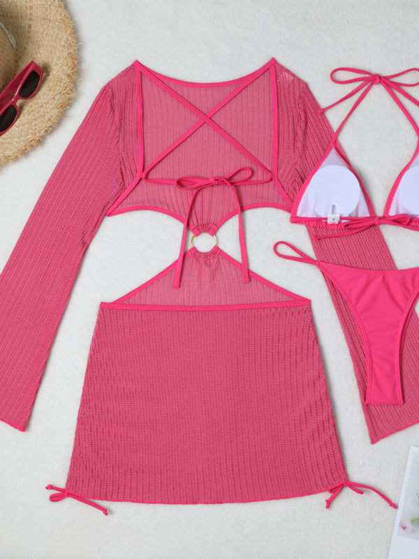 Mesh Drawstring Bikini 3-Piece Set – Sheer Cover-Up, Sexy Solid Colors