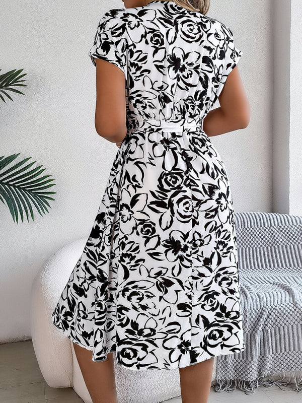 Floral V-Neck Button-Down Batwing Sleeve Dress – Lightweight Woven Midi
