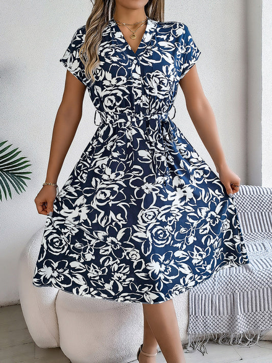 Floral V-Neck Button-Down Batwing Sleeve Dress – Lightweight Woven Midi