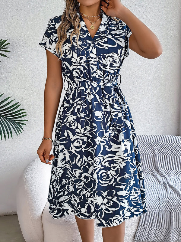 Floral V-Neck Button-Down Batwing Sleeve Dress – Lightweight Woven Midi