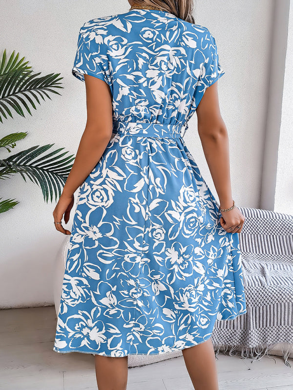 Floral V-Neck Button-Down Batwing Sleeve Dress – Lightweight Woven Midi