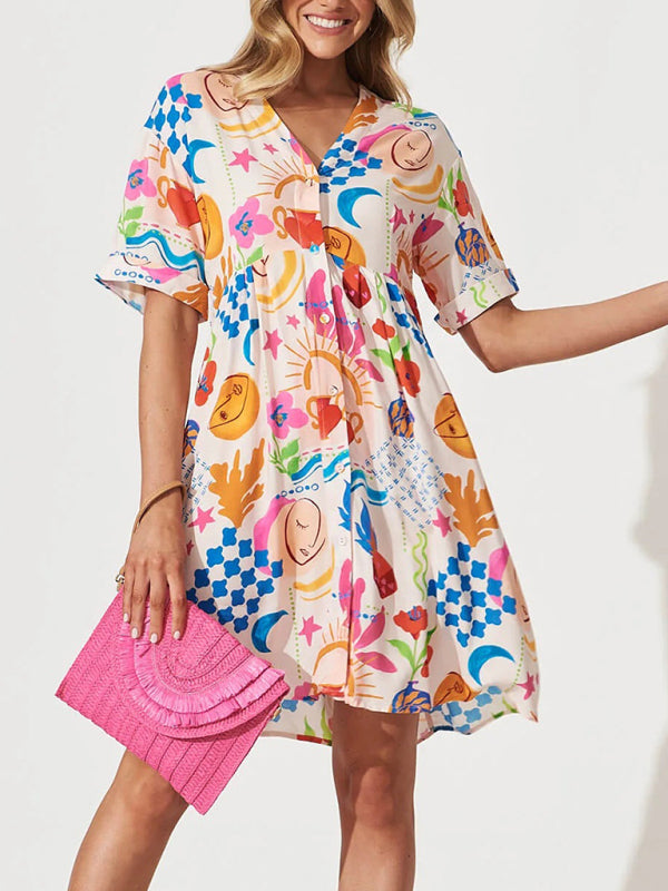 Single-Breasted Blue Holiday Dress – Relaxed Fit with Full Print for Summer Travel