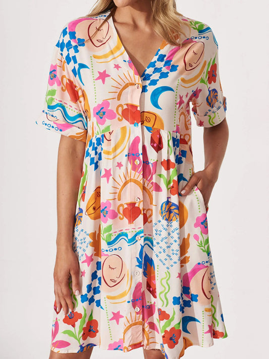 Single-Breasted Blue Holiday Dress – Relaxed Fit with Full Print for Summer Travel