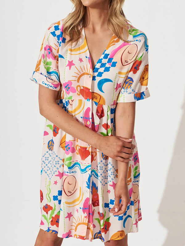 Single-Breasted Blue Holiday Dress – Relaxed Fit with Full Print for Summer Travel