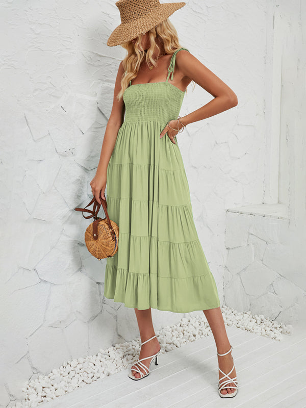 Romantic A-Line Sleeveless Suspender Dress – Woven Polyester, Solid Color