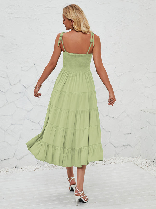 Romantic A-Line Sleeveless Suspender Dress – Woven Polyester, Solid Color