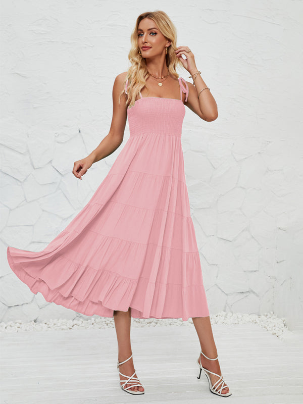 Romantic A-Line Sleeveless Suspender Dress – Woven Polyester, Solid Color