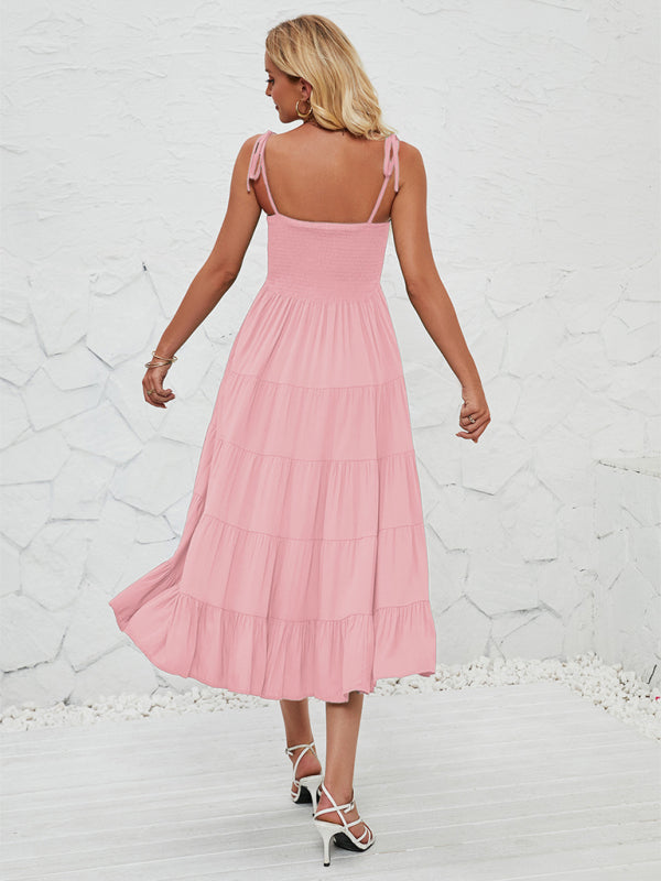 Romantic A-Line Sleeveless Suspender Dress – Woven Polyester, Solid Color