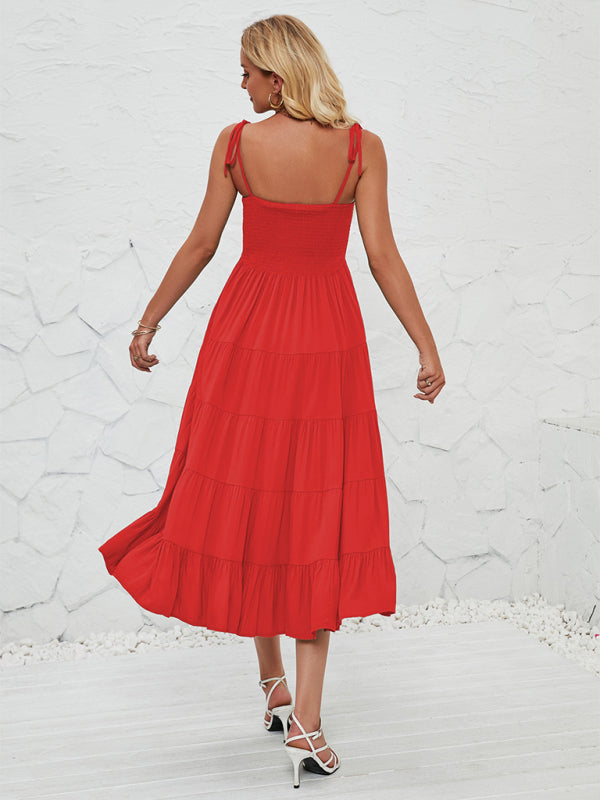 Romantic A-Line Sleeveless Suspender Dress – Woven Polyester, Solid Color