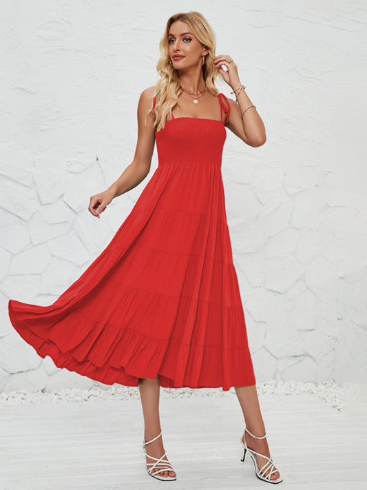 Romantic A-Line Sleeveless Suspender Dress – Woven Polyester, Solid Color