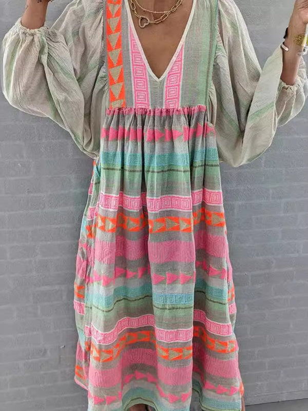 Colorful Deep V-neck Puff Sleeve Pullover Dress - Lightweight Spring Casual Midi