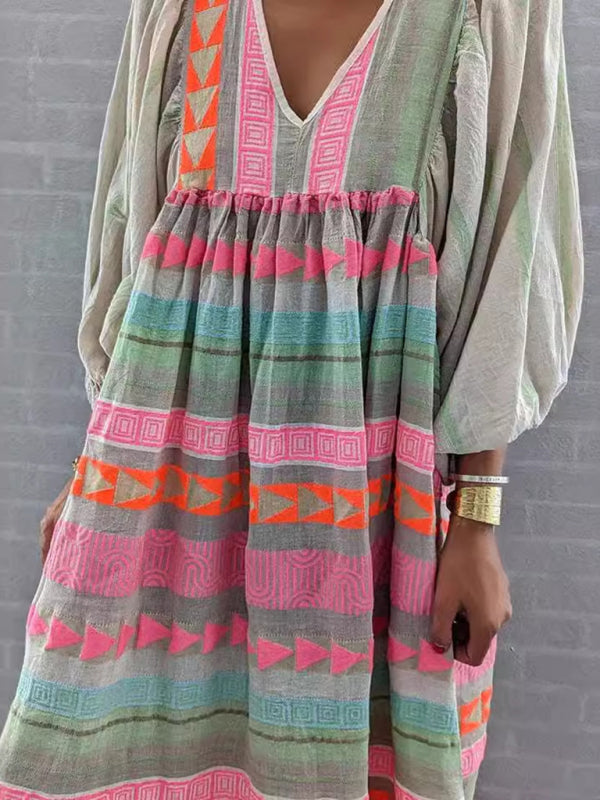 Colorful Deep V-neck Puff Sleeve Pullover Dress - Lightweight Spring Casual Midi