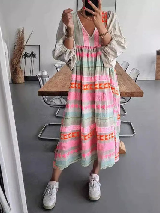 Colorful Deep V-neck Puff Sleeve Pullover Dress - Lightweight Spring Casual Midi