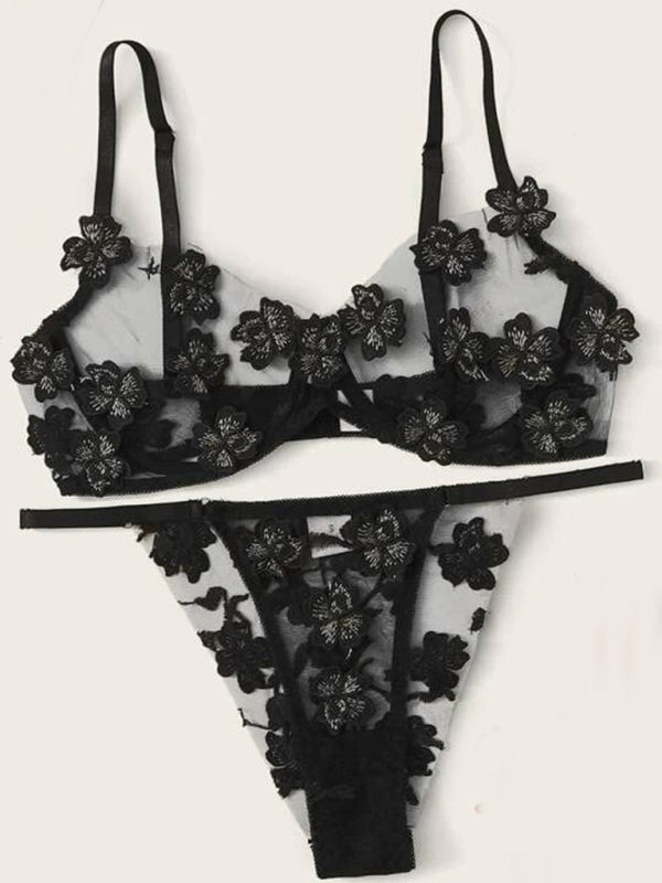 Mesh Flower Embroidered Lingerie Set – Sheer Bra & Panty Duo in Multiple Colors