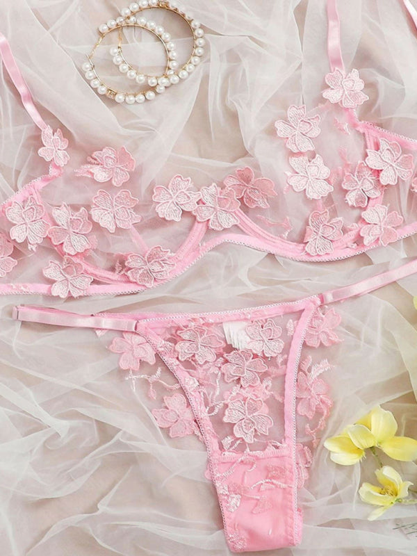Mesh Flower Embroidered Lingerie Set – Sheer Bra & Panty Duo in Multiple Colors