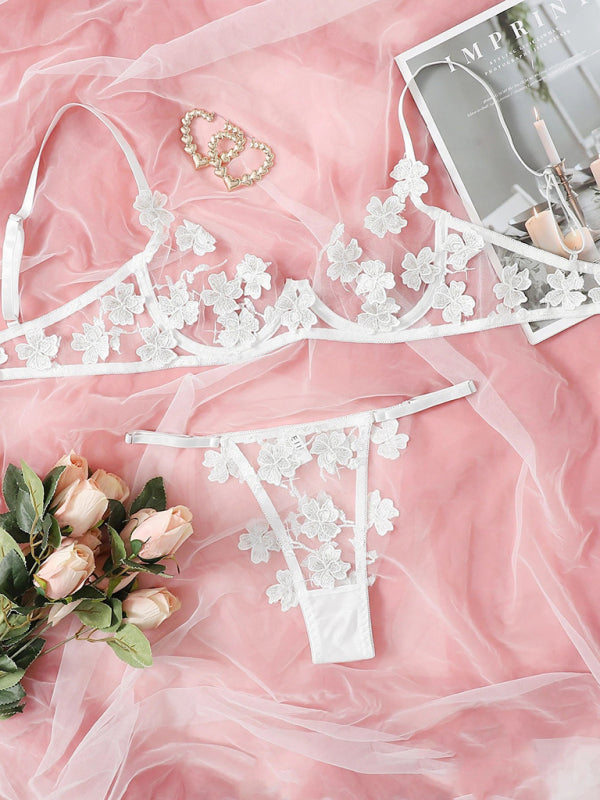 Mesh Flower Embroidered Lingerie Set – Sheer Bra & Panty Duo in Multiple Colors