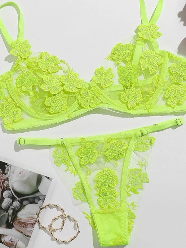 Mesh Flower Embroidered Lingerie Set – Sheer Bra & Panty Duo in Multiple Colors