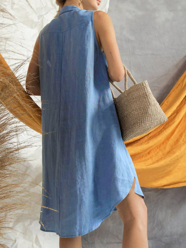 Solid Color Loose-Fit Shirt Dress – Lightweight Cotton for Spring/Summer