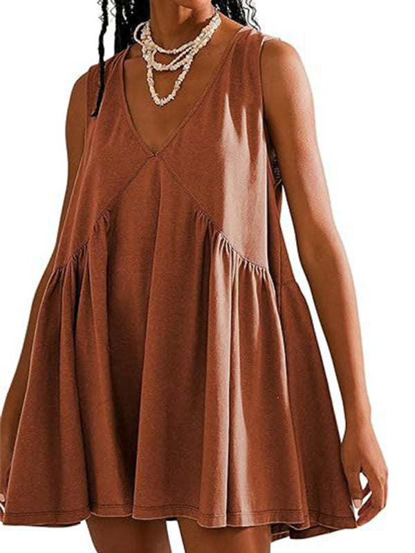 Pleated V-Neck Sleeveless Suspender Dress – Lightweight Spring-Summer Style