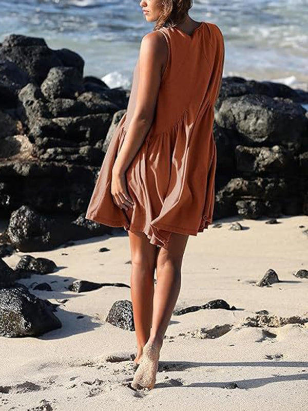 Pleated V-Neck Sleeveless Suspender Dress – Lightweight Spring-Summer Style