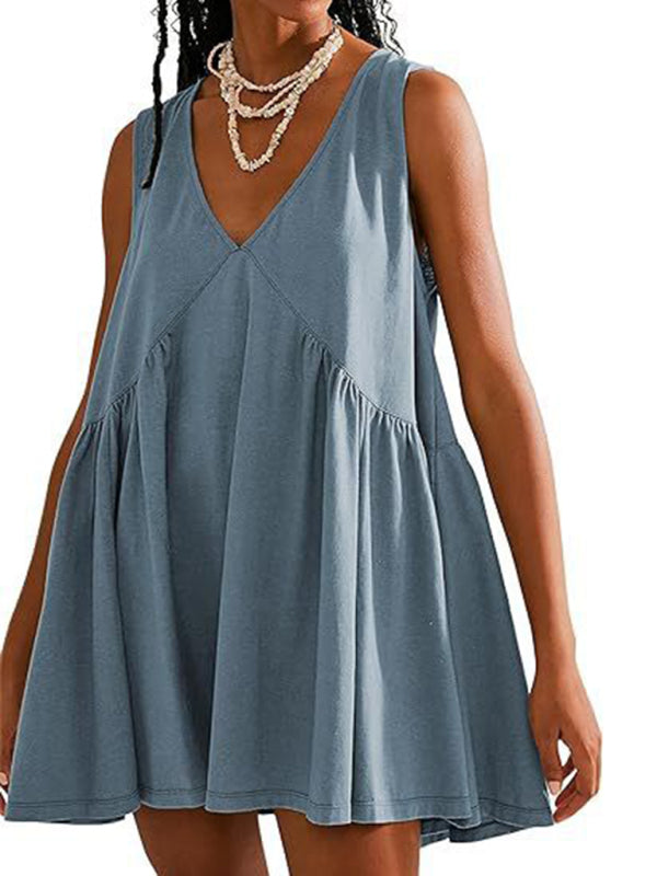 Pleated V-Neck Sleeveless Suspender Dress – Lightweight Spring-Summer Style