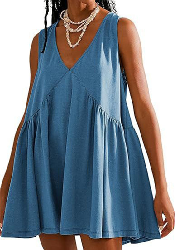 Pleated V-Neck Sleeveless Suspender Dress – Lightweight Spring-Summer Style