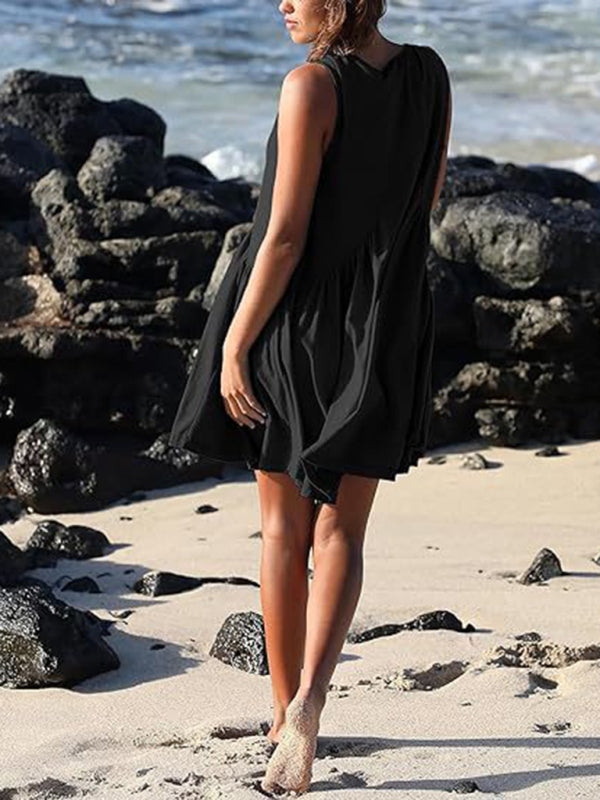 Pleated V-Neck Sleeveless Suspender Dress – Lightweight Spring-Summer Style