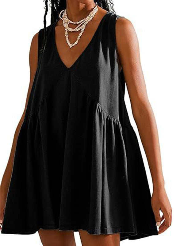 Pleated V-Neck Sleeveless Suspender Dress – Lightweight Spring-Summer Style