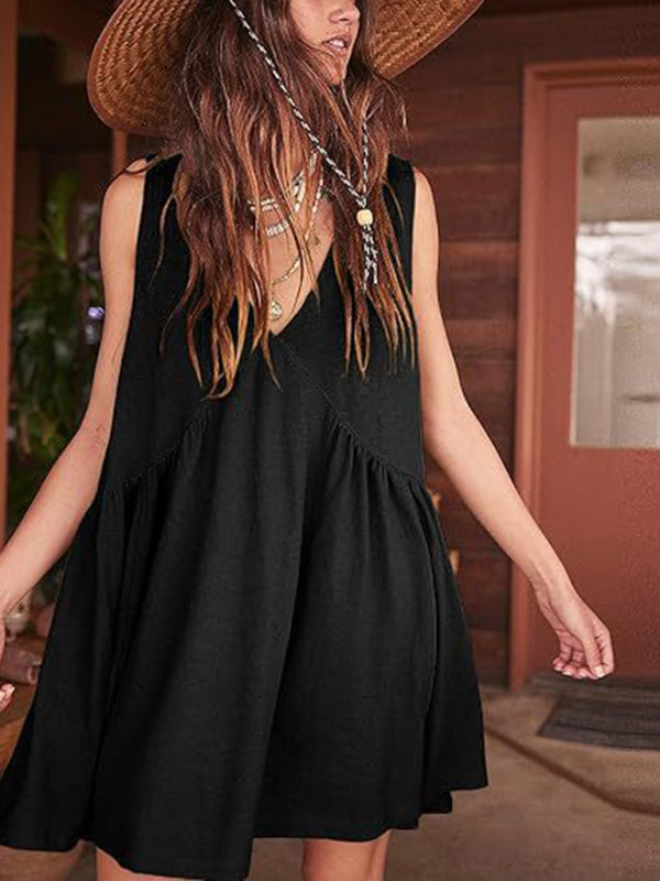 Pleated V-Neck Sleeveless Suspender Dress – Lightweight Spring-Summer Style