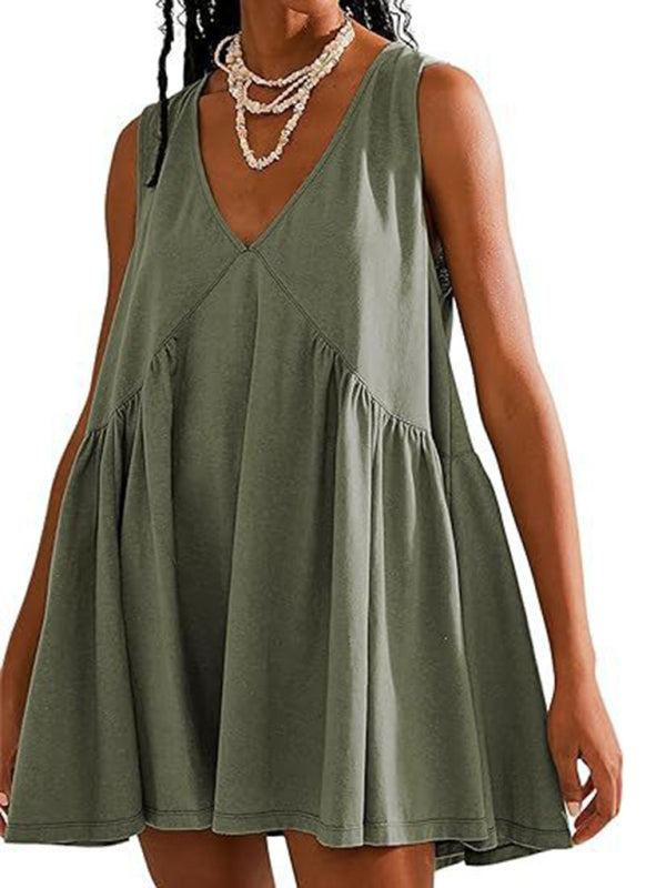 Pleated V-Neck Sleeveless Suspender Dress – Lightweight Spring-Summer Style