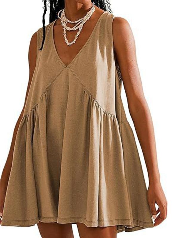 Pleated V-Neck Sleeveless Suspender Dress – Lightweight Spring-Summer Style