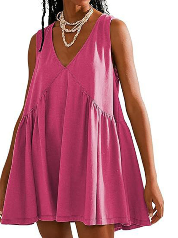 Pleated V-Neck Sleeveless Suspender Dress – Lightweight Spring-Summer Style