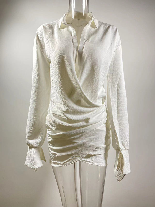 White Deep V Long Sleeve Mini Dress