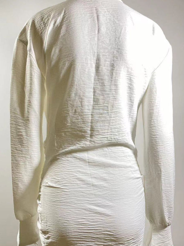 White Deep V Long Sleeve Mini Dress