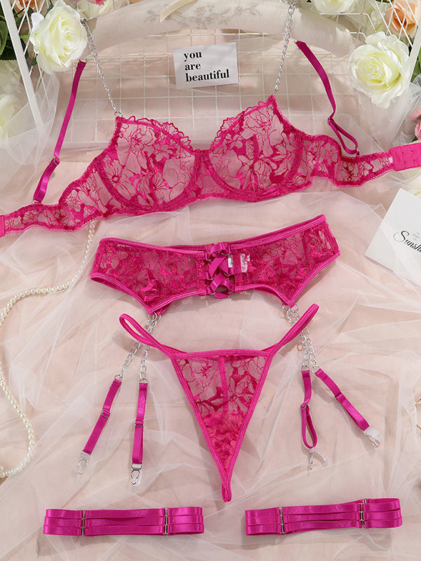Embroidered Mesh Lingerie Set with Chain Straps – 4-Piece Sexy Hollow Cross Style