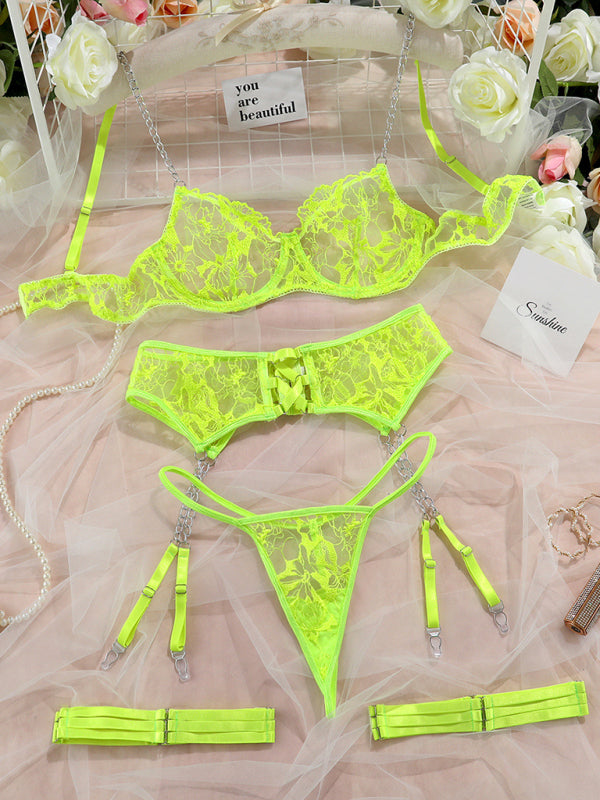 Embroidered Mesh Lingerie Set with Chain Straps – 4-Piece Sexy Hollow Cross Style