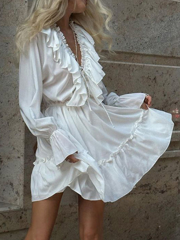 Romantic White Ruffled Dress – Smocked Waist, Trumpet Sleeves, Deep V-Neck
