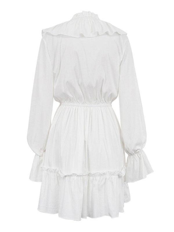 Romantic White Ruffled Dress – Smocked Waist, Trumpet Sleeves, Deep V-Neck