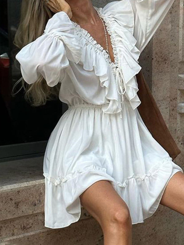 Romantic White Ruffled Dress – Smocked Waist, Trumpet Sleeves, Deep V-Neck