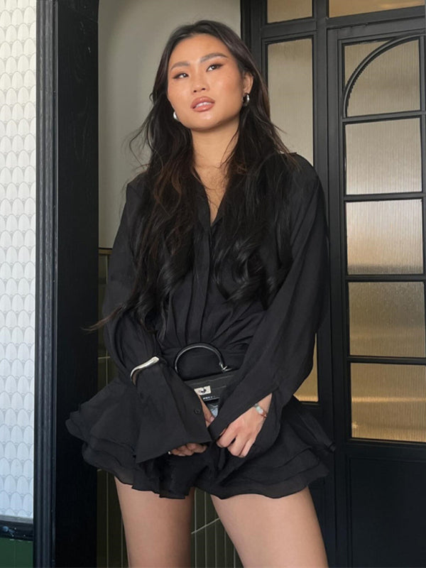 Ruffled V-neck Shirt Dress - Lightweight Woven Mini In White Or Black