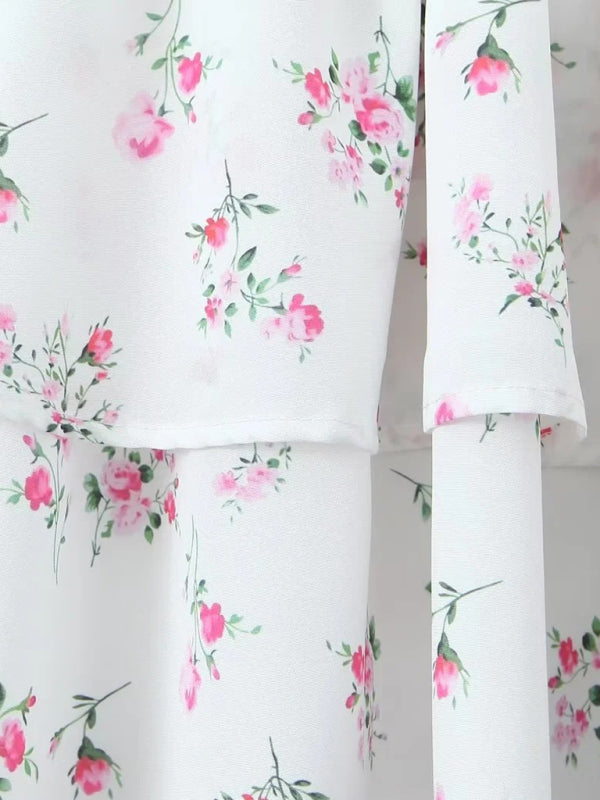 Romantic Lace-Printed Layered Suspender Dress – Waist Tie, Spring Style