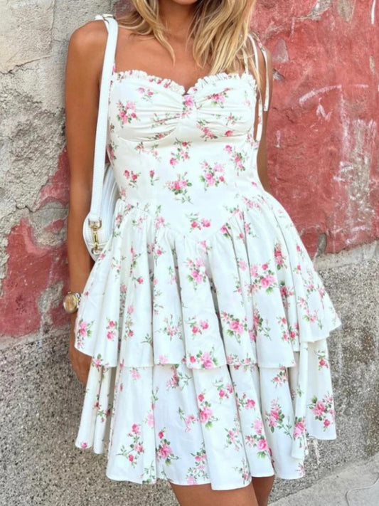 Romantic Lace-Printed Layered Suspender Dress – Waist Tie, Spring Style