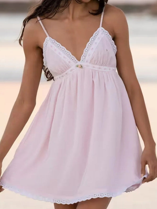Romantic Pink Lace V-Neck Suspender Mini Dress – Cotton Blend, Spring Style