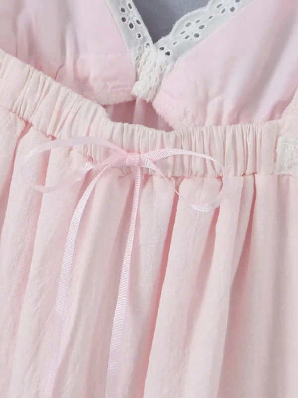 Romantic Pink Lace V-Neck Suspender Mini Dress – Cotton Blend, Spring Style