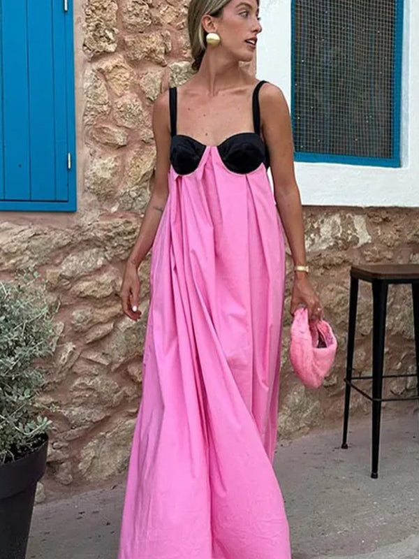 Spliced Backless Sleeveless Suspender Dress – Lightweight Woven Style