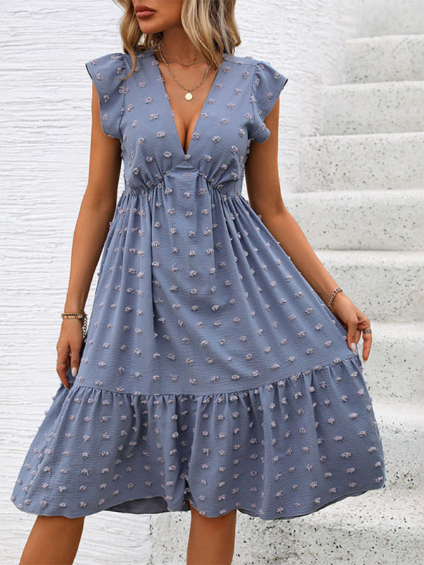 Blue Ruffle Sleeve Jacquard Midi Dress – Relaxed Fit, Spring-Summer Style