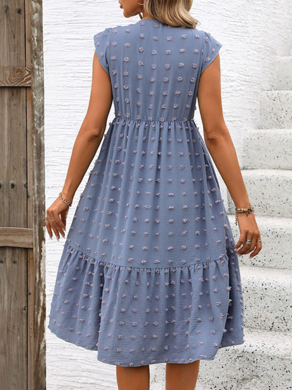 Blue Ruffle Sleeve Jacquard Midi Dress – Relaxed Fit, Spring-Summer Style