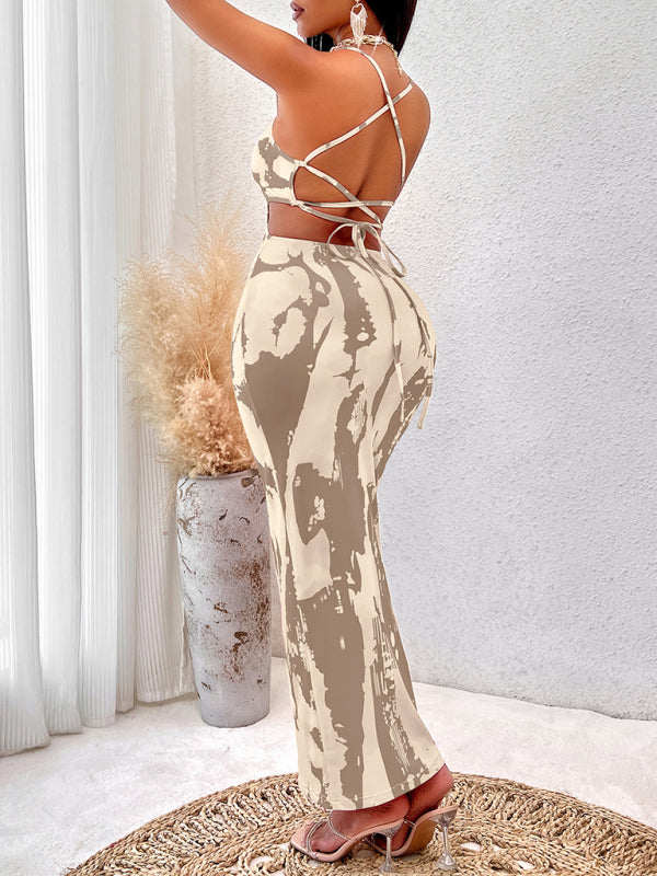 Sexy Printed Suspender Maxi Dress – Spring Summer Knit with Stretch