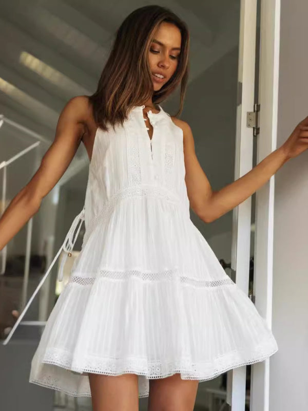 Women's Lace Trim Button-Up Midi Dress